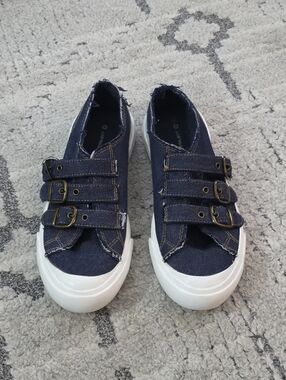 Denim Triple-Buckle Slip-On Sneakers - Navy